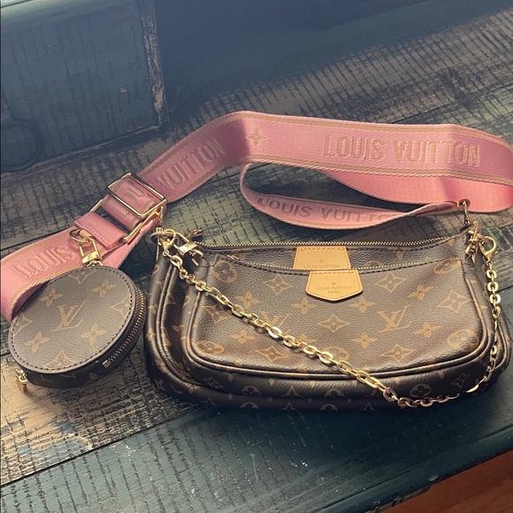 Louis Vuitton Brown Monogram Crossbody with Pink Strap - Picture 1 of 8